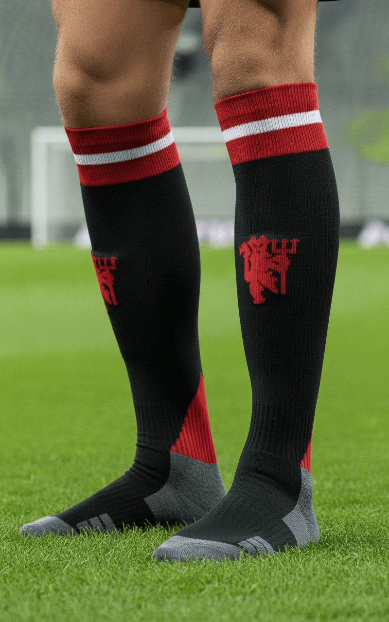 Гетры детские с символикой футбольного клуба MANCHESTER UNITED HOME 2025 , размер 27-35,цвет чёрный-красный