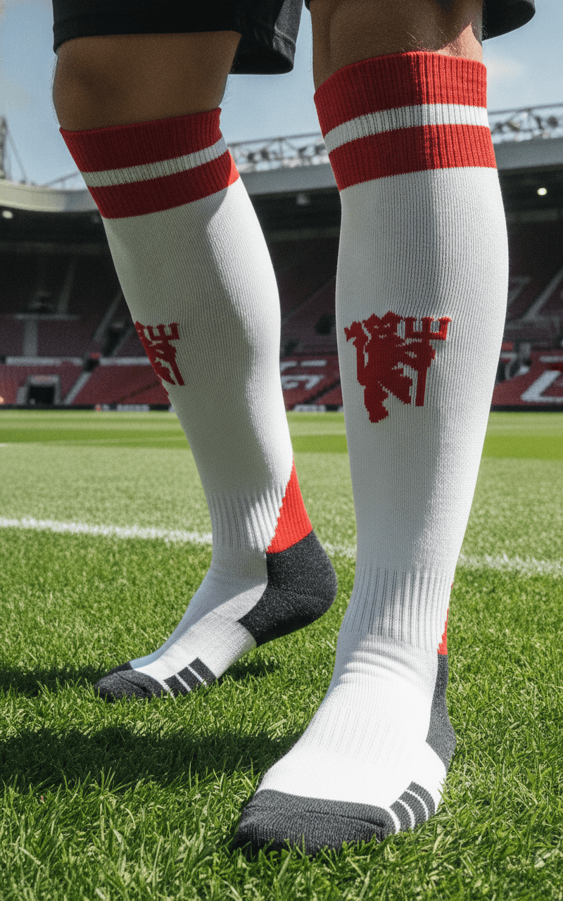 Гетры детские с символикой футбольного клуба MANCHESTER UNITED HOME 2025 , размер 27-35,цвет белый-красный