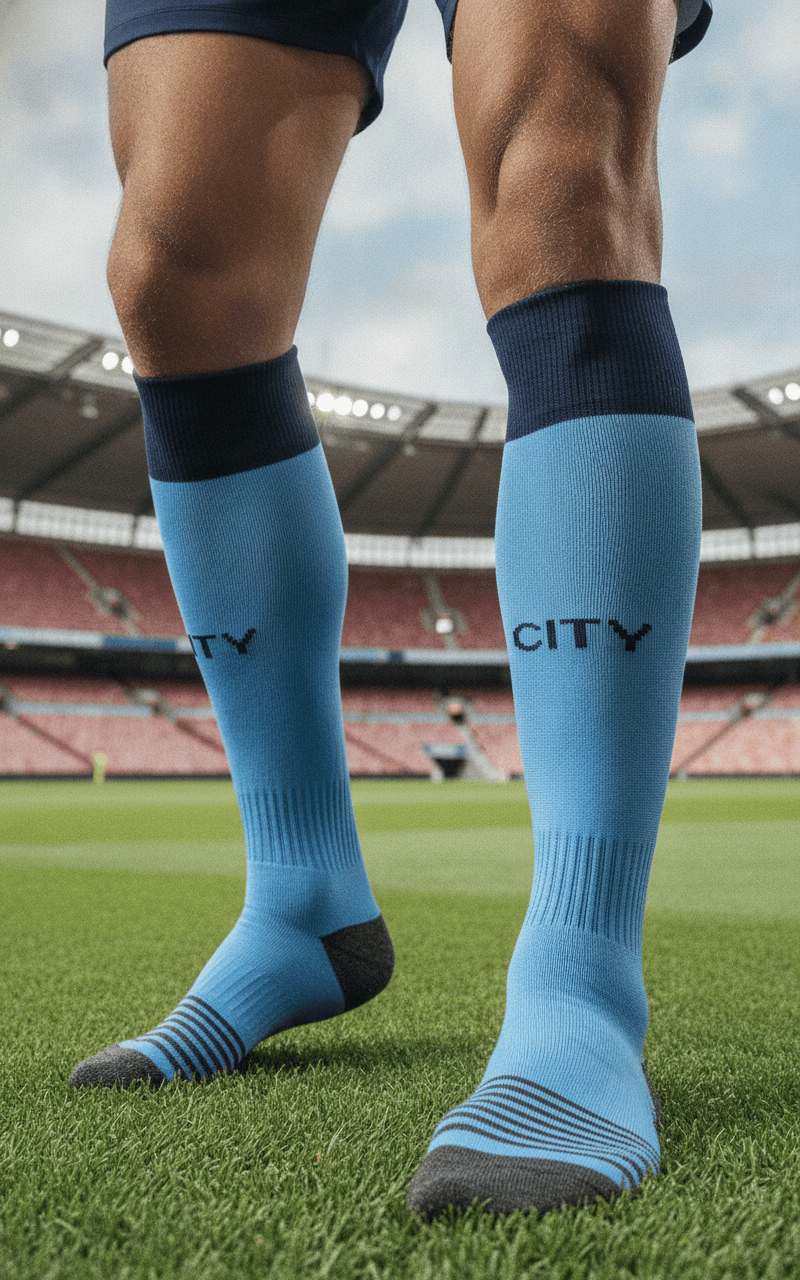 Дитячі гетри з символікою футбольного клубу MANCHESTER CITY HOME 2026, розмір 27–35, колір – блакитно-чорний