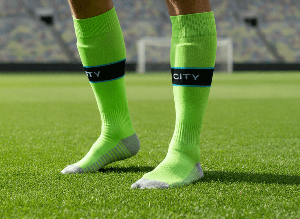 Гетры детские с символикой футбольного клуба MANCHESTER CITY AWAY 2025, размер 27-35, цвет салатовый