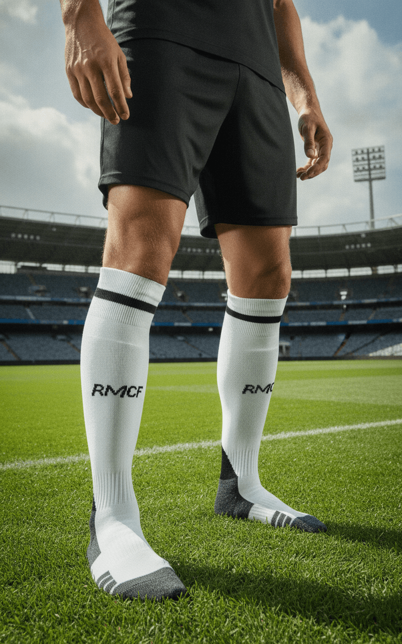 Гетры детские с символикой футбольного клуба REAL MADRID HOME 2025 , размер 27-35, цвет белый-чёрный